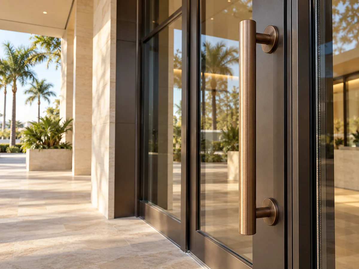 Bronze pull handle on a modern glass commercial entrance